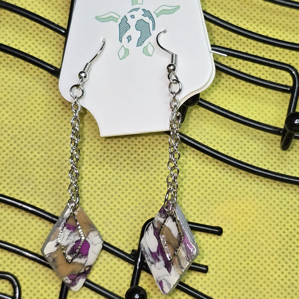 Silver Chain Earrings with White, Purple & Tan Resin Drops